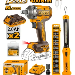 KIT LLAVE IMPACTO 400NM 2 BAT- CARGADOR -LINTERNA-TUBOS Y PUNTAS