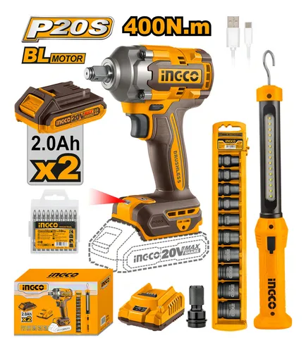 KIT LLAVE IMPACTO 400NM 2 BAT- CARGADOR -LINTERNA-TUBOS Y PUNTAS