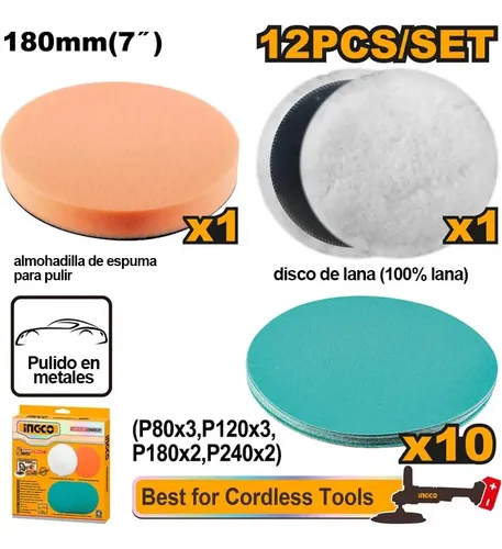 Juego de Pulido y Esmerilado 7" (180mm) INGCO x 12 Piezas